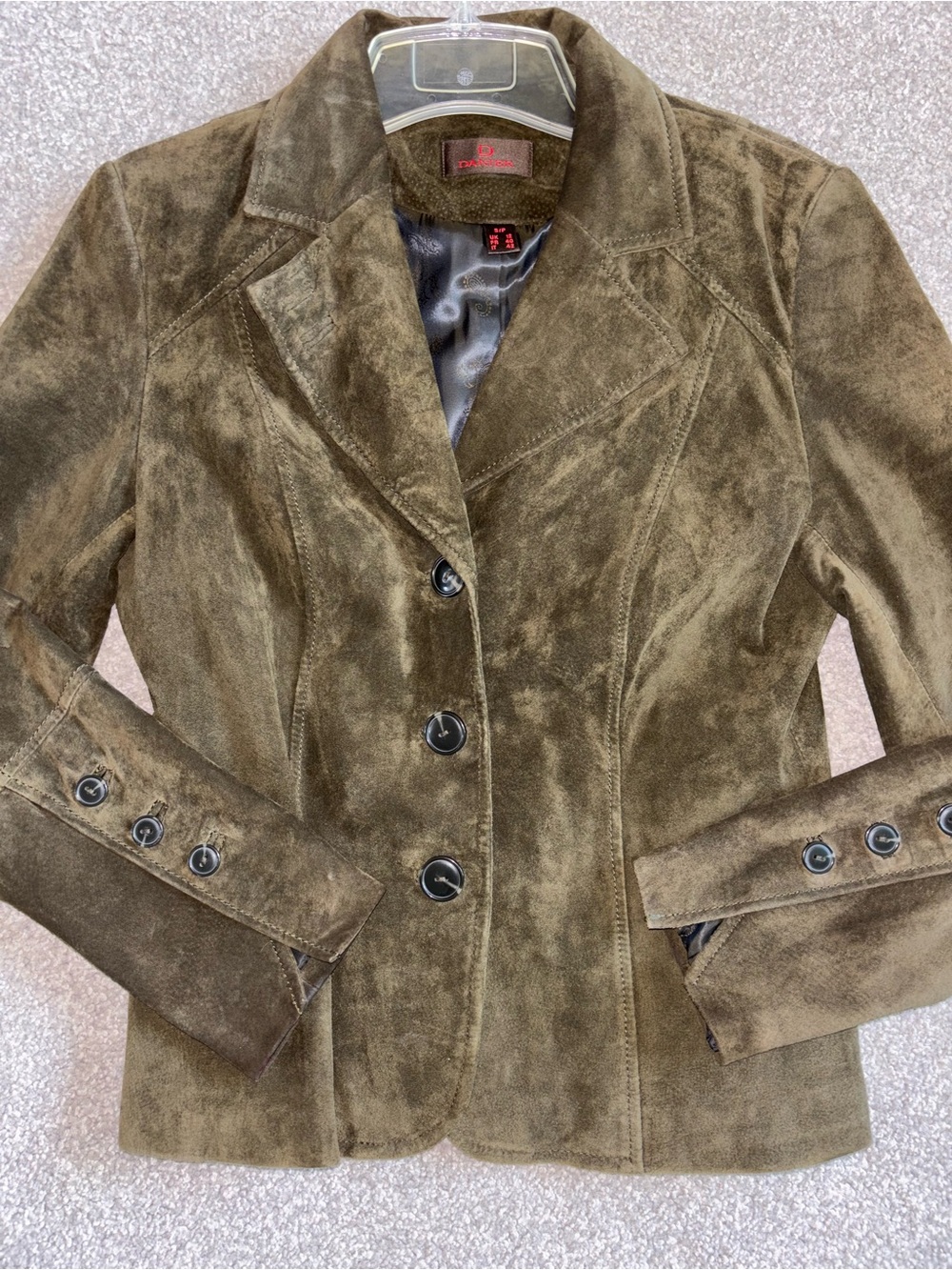 SizeS-100%GenuineLeather-DANIER-Y2K Women's Olive Suede Blazer Jacket - Picture 2 of 10